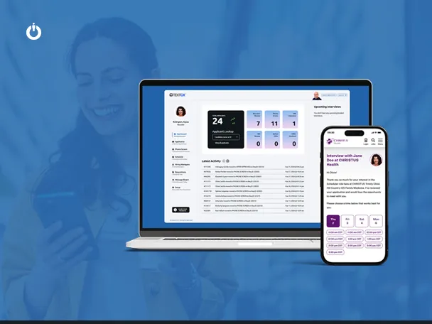TextCX on screen with smartphone showing streamlined interview scheduling.